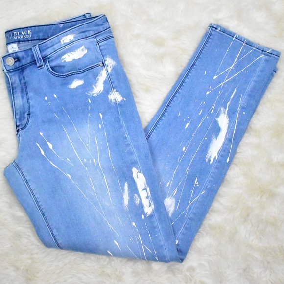 White House Black Market Jeans Womens 8 Mid Rise Girlfriend Skinny Paint Splash - Picture 2 of 10